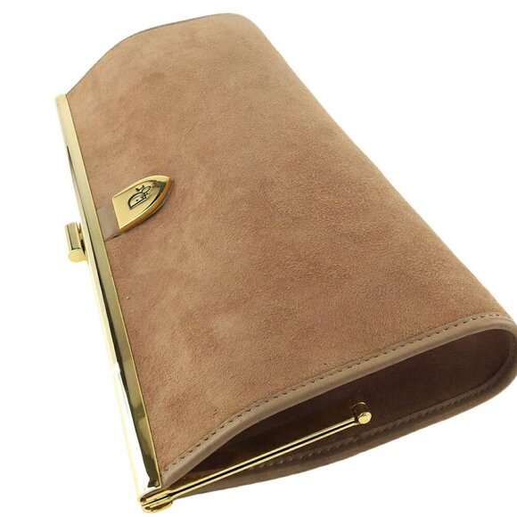 DIOR Clutch Bag Logo Plate Beige Nuback ?~ Leather Authentic Used - Picture 1 of 7